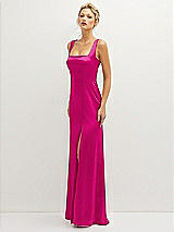 Side View Thumbnail - Think Pink Square-Neck Satin A-line Maxi Dress with Front Slit