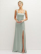 Front View Thumbnail - Willow Green Square-Neck Satin A-line Maxi Dress with Front Slit