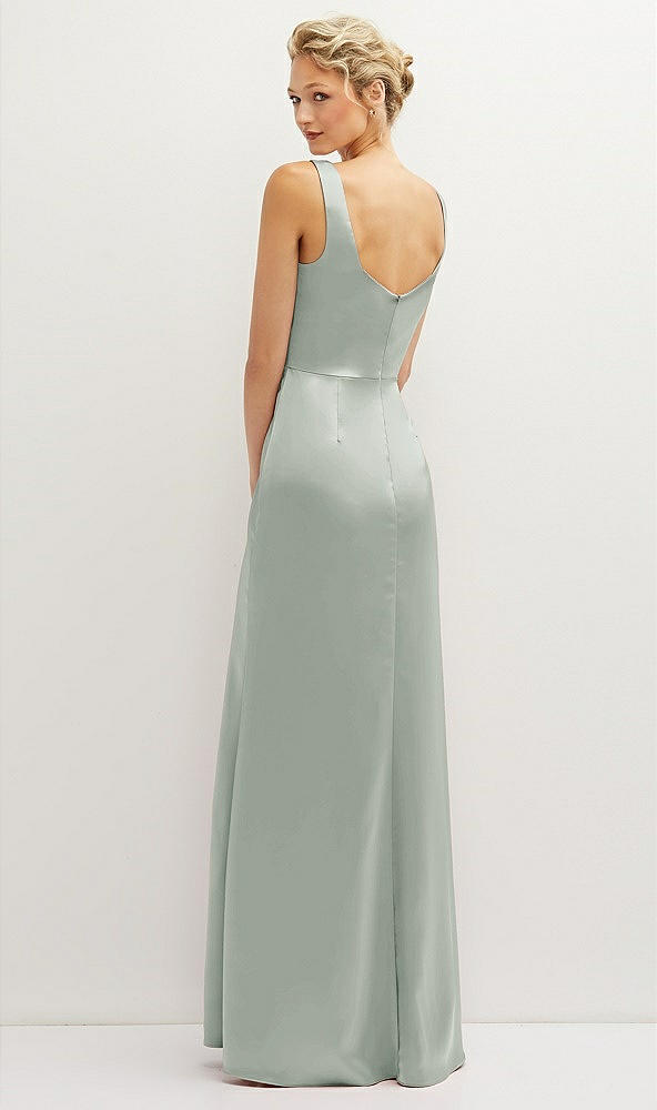 Back View - Willow Green Square-Neck Satin A-line Maxi Dress with Front Slit