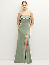 Front View Thumbnail - Sage Soft Ruffle Cuff Strapless Trumpet Dress with Front Slit