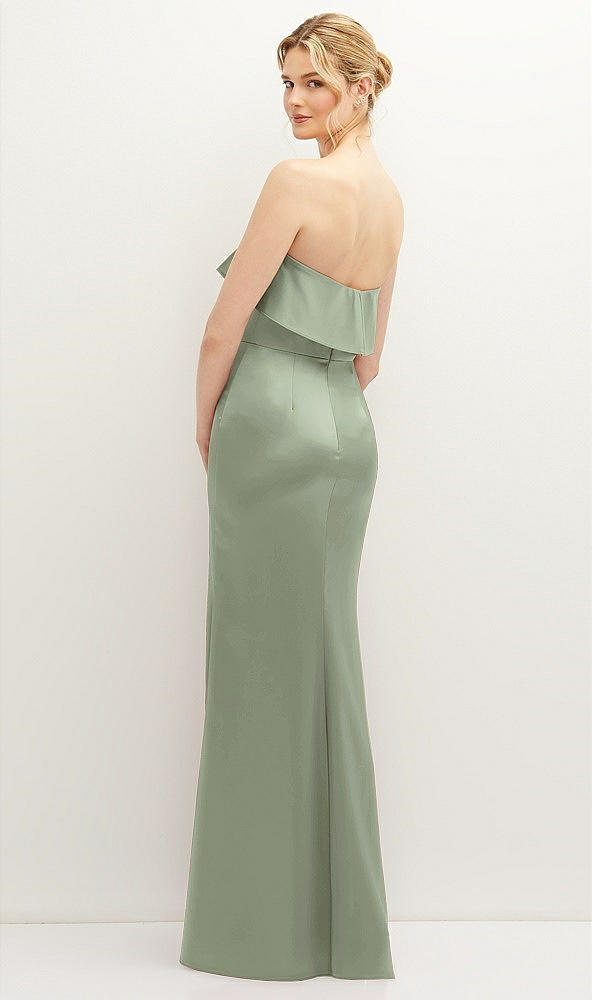 Back View - Sage Soft Ruffle Cuff Strapless Trumpet Dress with Front Slit