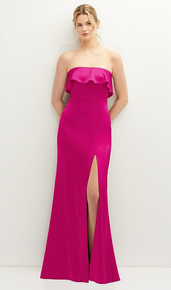 Front View - Think Pink Soft Ruffle Cuff Strapless Trumpet Dress with Front Slit