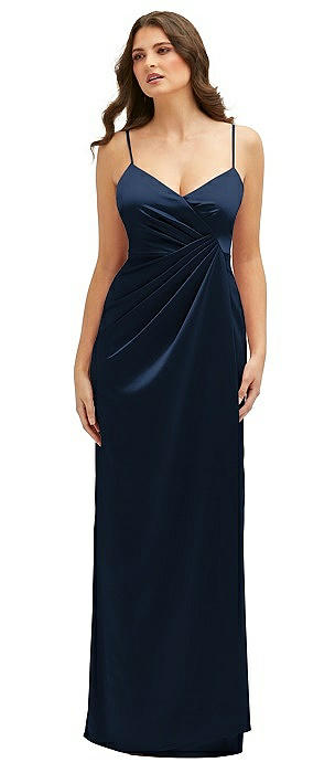 Asymmetrical Draped Pleat Wrap Satin Maxi Dress