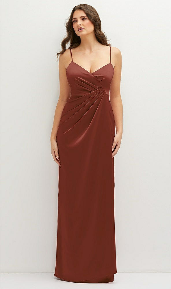 Front View - Auburn Moon Asymmetrical Draped Pleat Wrap Satin Maxi Dress