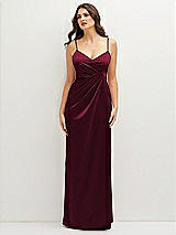 Front View Thumbnail - Cabernet Asymmetrical Draped Pleat Wrap Satin Maxi Dress