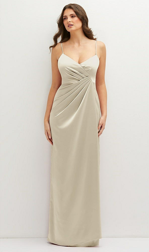 Front View - Champagne Asymmetrical Draped Pleat Wrap Satin Maxi Dress