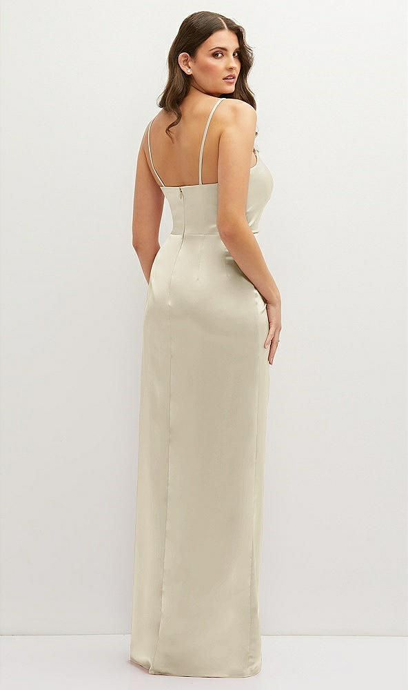 Back View - Champagne Asymmetrical Draped Pleat Wrap Satin Maxi Dress