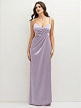 Front View Thumbnail - Lilac Haze Asymmetrical Draped Pleat Wrap Satin Maxi Dress