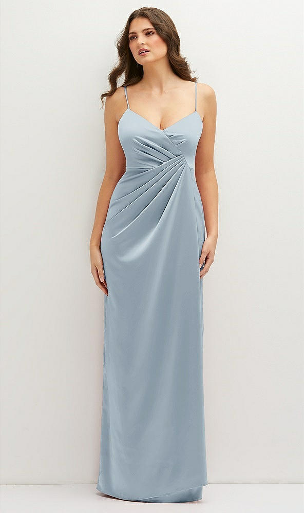 Front View - Mist Asymmetrical Draped Pleat Wrap Satin Maxi Dress