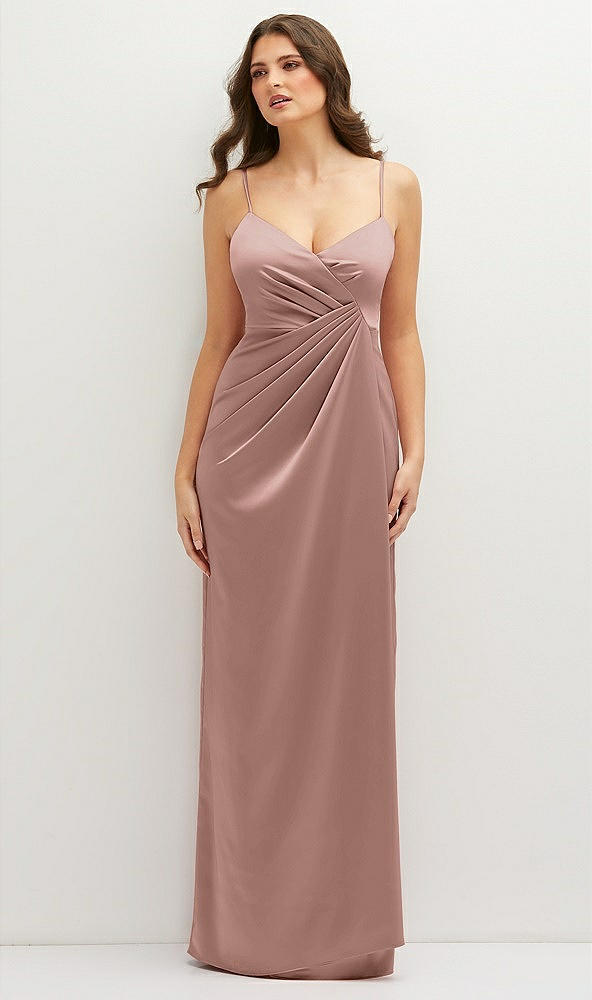 Front View - Neu Nude Asymmetrical Draped Pleat Wrap Satin Maxi Dress