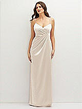 Front View Thumbnail - Oat Asymmetrical Draped Pleat Wrap Satin Maxi Dress