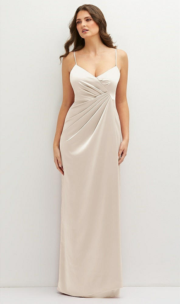 Front View - Oat Asymmetrical Draped Pleat Wrap Satin Maxi Dress