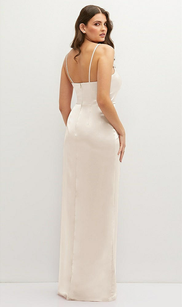 Back View - Oat Asymmetrical Draped Pleat Wrap Satin Maxi Dress