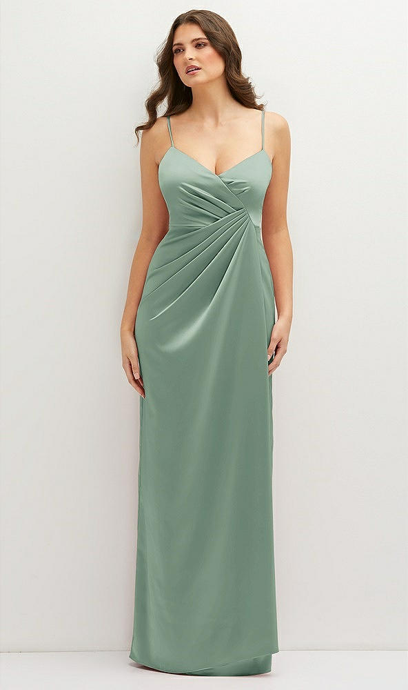 Front View - Seagrass Asymmetrical Draped Pleat Wrap Satin Maxi Dress