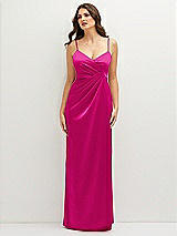 Front View Thumbnail - Think Pink Asymmetrical Draped Pleat Wrap Satin Maxi Dress