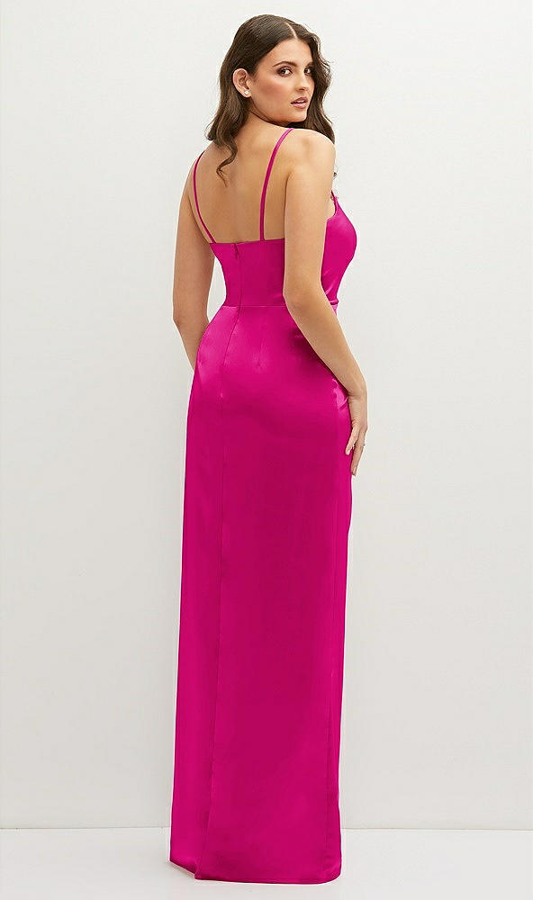 Back View - Think Pink Asymmetrical Draped Pleat Wrap Satin Maxi Dress