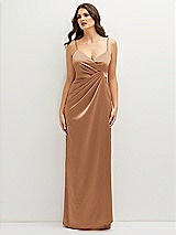 Front View Thumbnail - Toffee Asymmetrical Draped Pleat Wrap Satin Maxi Dress