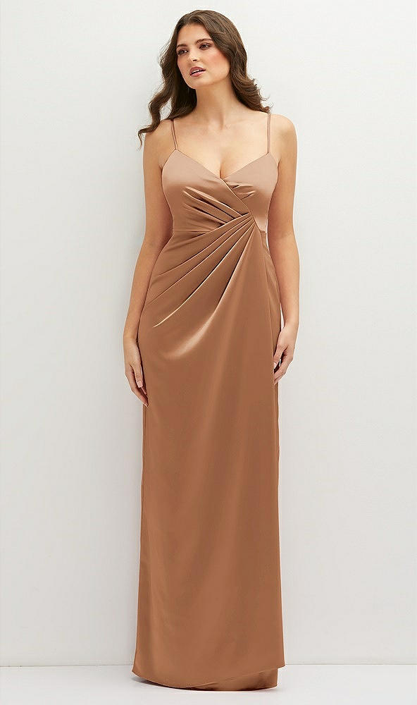 Front View - Toffee Asymmetrical Draped Pleat Wrap Satin Maxi Dress