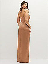 Rear View Thumbnail - Toffee Asymmetrical Draped Pleat Wrap Satin Maxi Dress