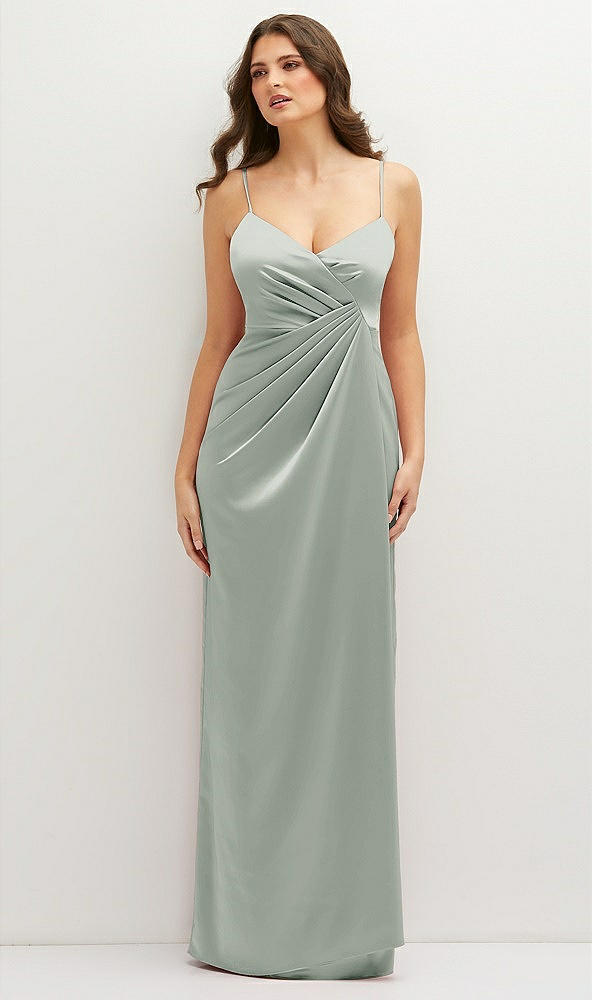 Front View - Willow Green Asymmetrical Draped Pleat Wrap Satin Maxi Dress