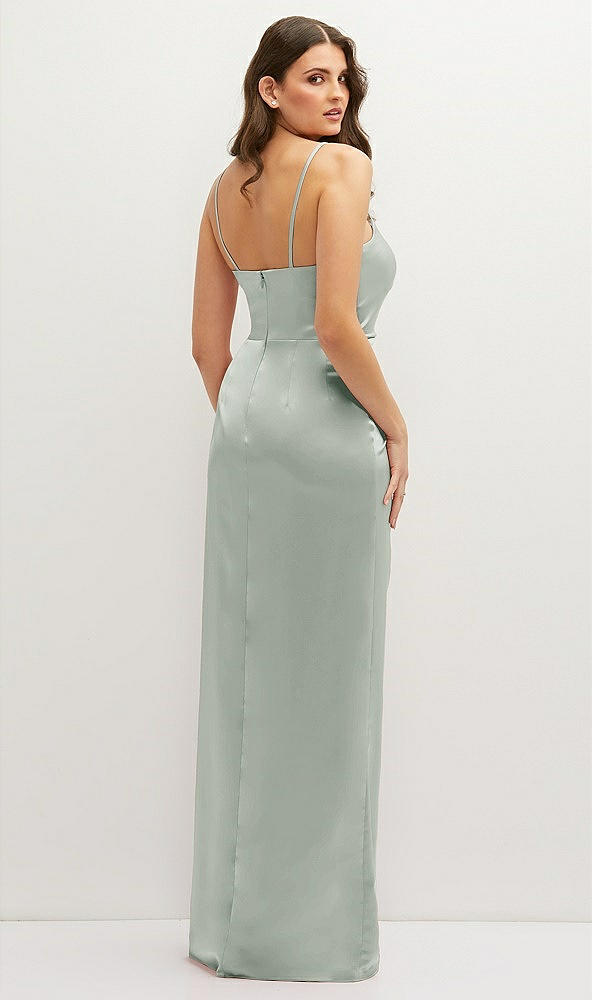 Back View - Willow Green Asymmetrical Draped Pleat Wrap Satin Maxi Dress