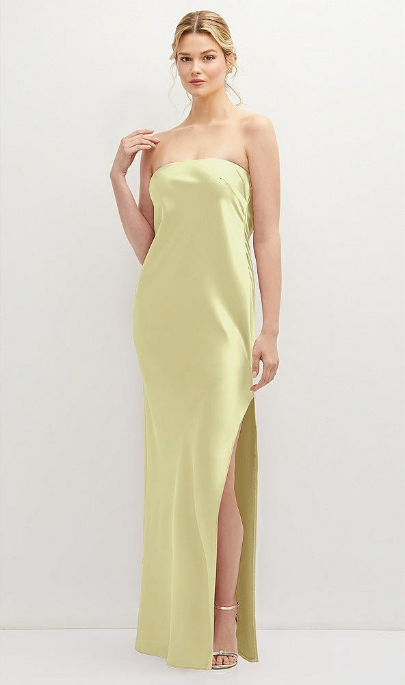 Front View - Butter Yellow Strapless Pull-On Satin Column Dress with Side Seam Slit