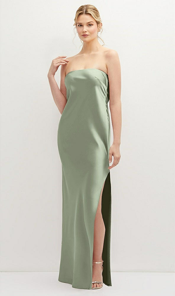 Front View - Sage Strapless Pull-On Satin Column Dress with Side Seam Slit