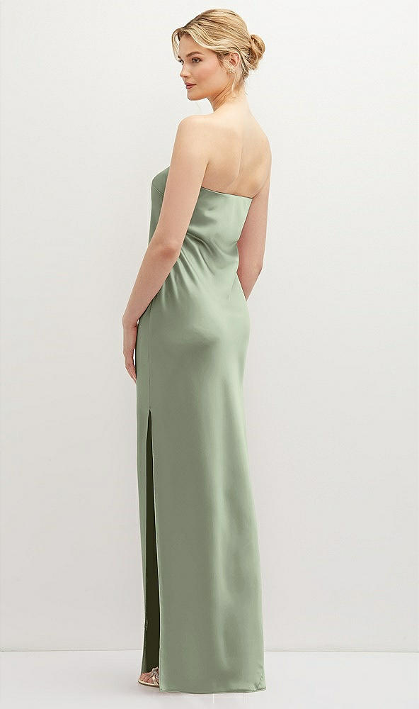 Back View - Sage Strapless Pull-On Satin Column Dress with Side Seam Slit