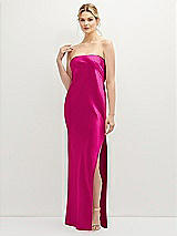 Front View Thumbnail - Think Pink Strapless Pull-On Satin Column Dress with Side Seam Slit