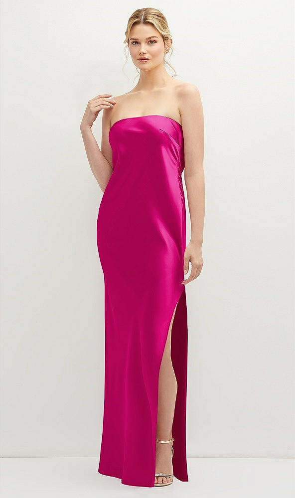 Front View - Think Pink Strapless Pull-On Satin Column Dress with Side Seam Slit