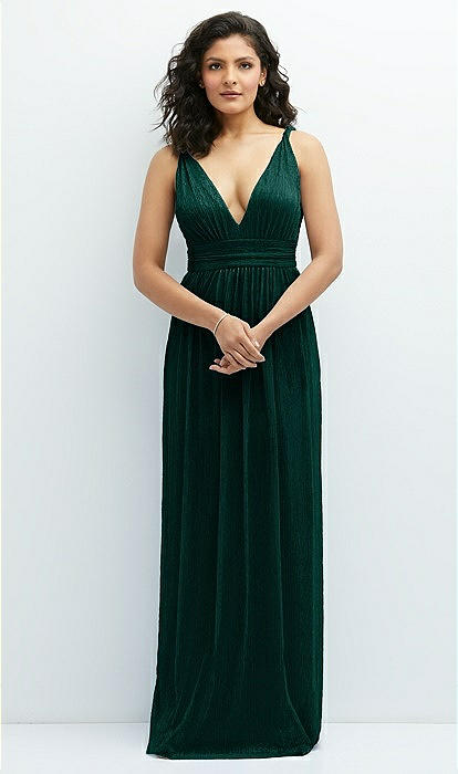 Plunge V neck Metallic Pleated Maxi Bridesmaid Dress With Twist Straps In Metallic Evergreen The Dessy Group