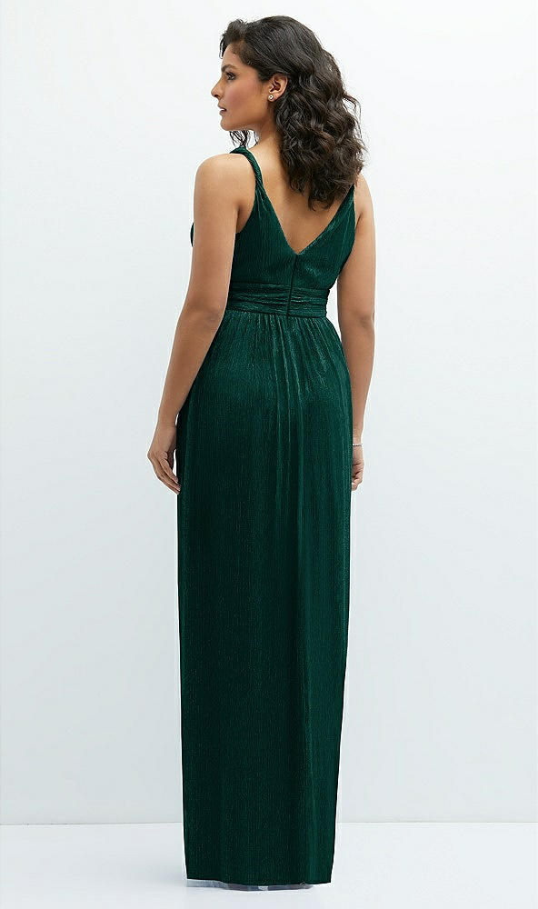 Back View - Metallic Evergreen Plunge V-Neck Metallic Pleated Maxi Dress with Twist Straps