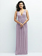 Front View Thumbnail - Metallic Lilac Haze Plunge V-Neck Metallic Pleated Maxi Dress with Twist Straps