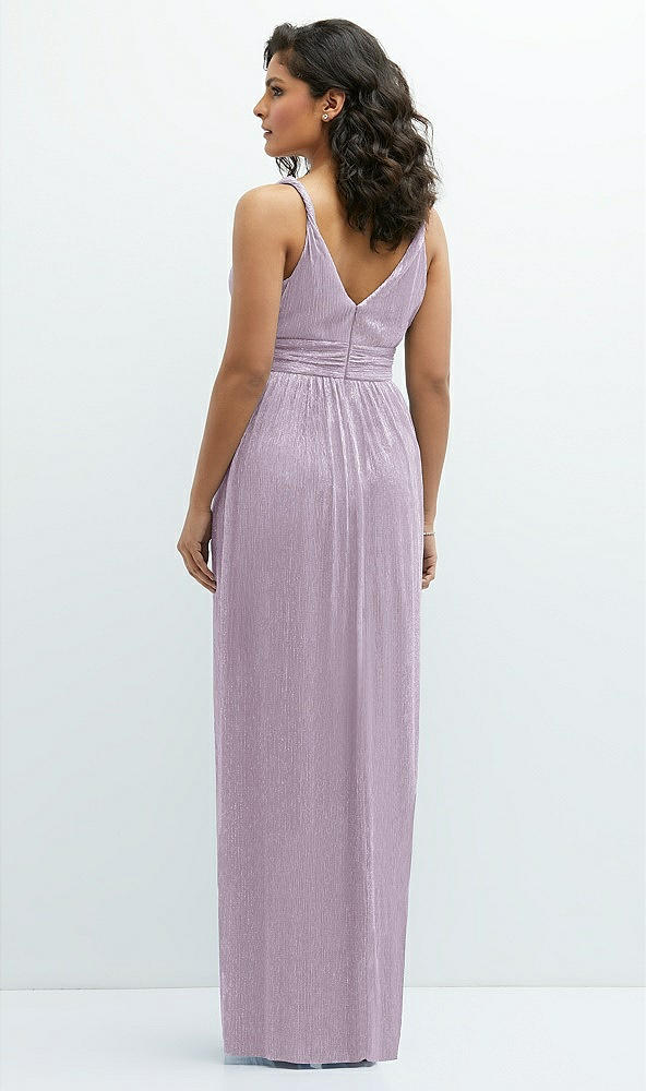 Back View - Metallic Lilac Haze Plunge V-Neck Metallic Pleated Maxi Dress with Twist Straps