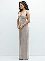 Side View Thumbnail - Metallic Taupe Plunge V-Neck Metallic Pleated Maxi Dress with Twist Straps