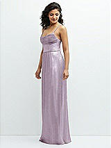 Side View Thumbnail - Metallic Lilac Haze Soft Cowl Neck Metallic Pleated Maxi Dress with Convertible Tie Straps