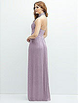 Rear View Thumbnail - Metallic Lilac Haze Band Collar Halter Open-Back Metallic Pleated Maxi Dress