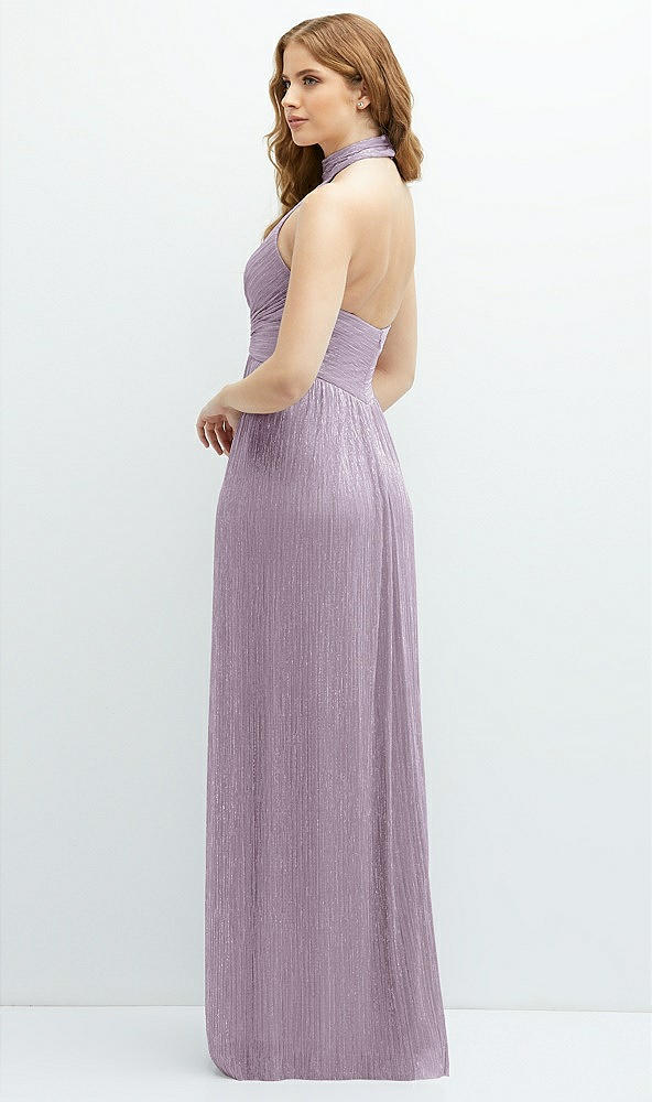 Back View - Metallic Lilac Haze Band Collar Halter Open-Back Metallic Pleated Maxi Dress