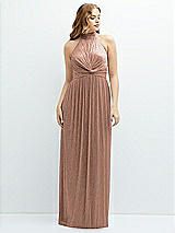 Front View Thumbnail - Metallic Sienna Band Collar Halter Open-Back Metallic Pleated Maxi Dress