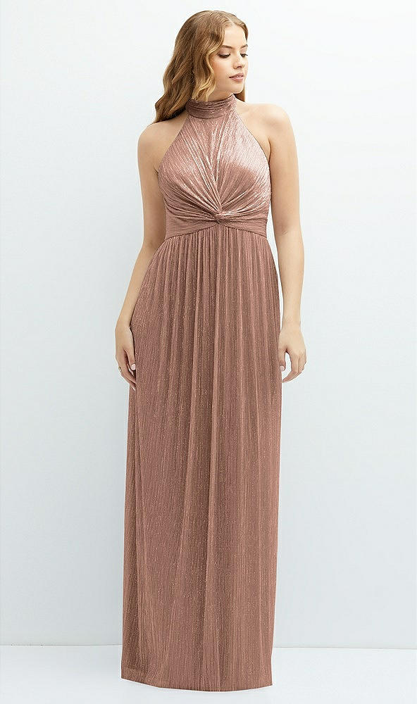 Front View - Metallic Sienna Band Collar Halter Open-Back Metallic Pleated Maxi Dress