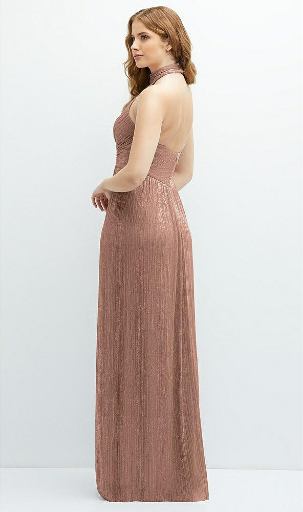 Back View - Metallic Sienna Band Collar Halter Open-Back Metallic Pleated Maxi Dress