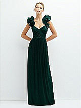 Alt View 1 Thumbnail - Metallic Evergreen Dramatic Ruffle Edge Convertible Strap Metallic Pleated Maxi Dress