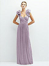 Alt View 1 Thumbnail - Metallic Lilac Haze Dramatic Ruffle Edge Convertible Strap Metallic Pleated Maxi Dress