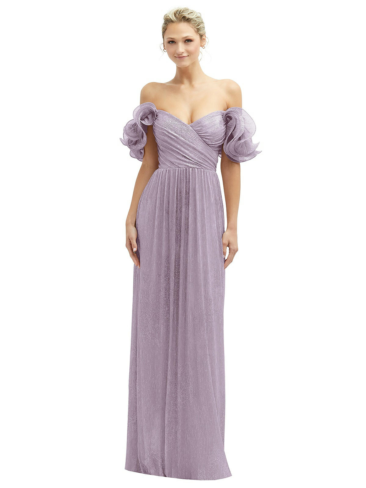 Dramatic Ruffle Edge Convertible Strap Metallic Pleated Maxi Bridesmaid  Dress In Metallic Lilac Haze | The Dessy Group