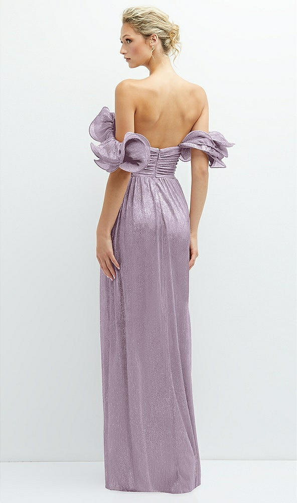 Back View - Metallic Lilac Haze Dramatic Ruffle Edge Convertible Strap Metallic Pleated Maxi Dress