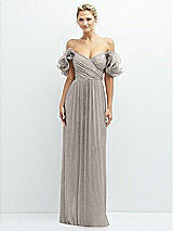 Front View Thumbnail - Metallic Taupe Dramatic Ruffle Edge Convertible Strap Metallic Pleated Maxi Dress