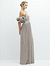 Side View Thumbnail - Metallic Taupe Dramatic Ruffle Edge Convertible Strap Metallic Pleated Maxi Dress