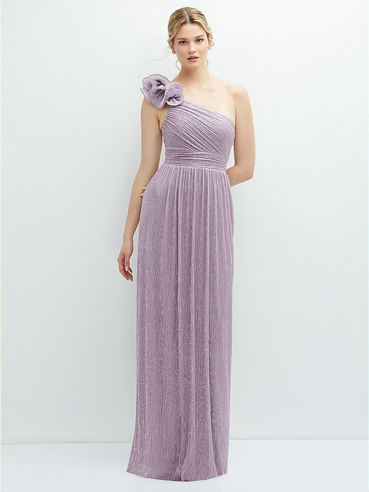 Dramatic Ruffle Edge Convertible Strap Metallic Pleated Maxi Bridesmaid  Dress In Metallic Lilac Haze | The Dessy Group