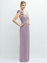 Side View Thumbnail - Metallic Lilac Haze Dramatic Ruffle Edge One-Shoulder Metallic Pleated Maxi Dress