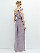 Rear View Thumbnail - Metallic Lilac Haze Dramatic Ruffle Edge One-Shoulder Metallic Pleated Maxi Dress